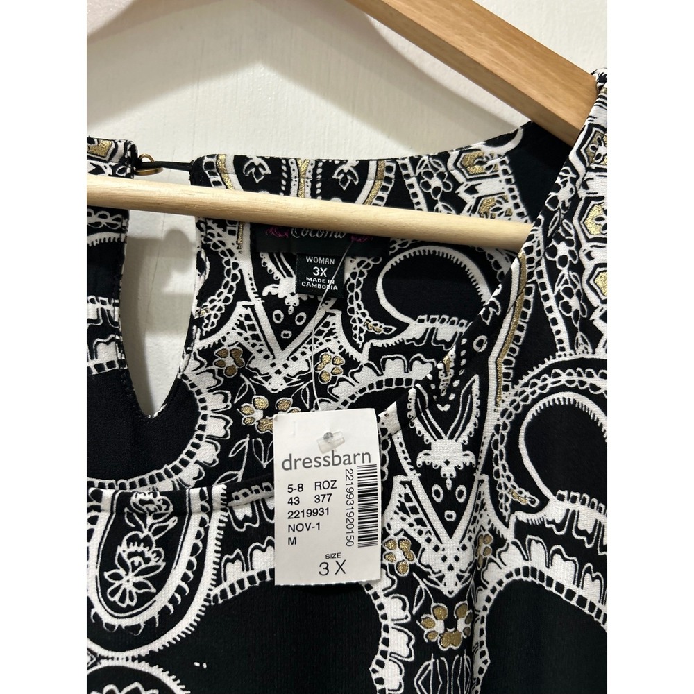 Cocomo Womens 3X Black White Gold Paisley Metallic Tunic shirt Dressbarn NWT - Picture 3 of 6